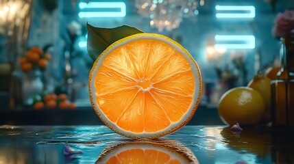 Vibrant orange slice on a reflective surface with blurred background and neon accents