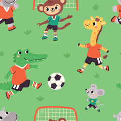 Cartoon animals playing soccer seamless pattern. Repeated funny football players, cute fauna characters kick ball. Decor textile, wrapping paper, wallpaper garish vector background