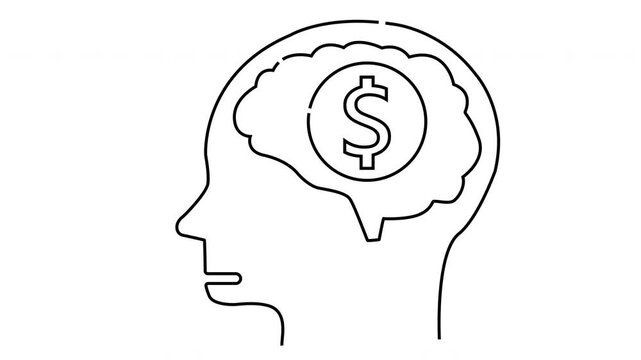 Profile of a head with a brain containing a dollar sign depicted with simple line art