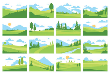 Fototapeta premium Abstract green fields. Simple summer time landscapes, hills, rivers and trees, agriculture background templates, nature scenery meadow and mountain qualitative vector flat isolated set