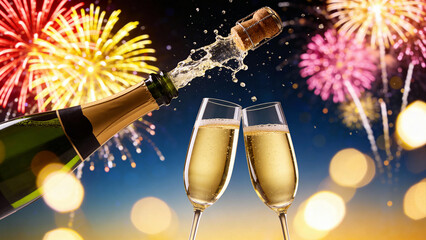 Champagne bottle popping with two filled glasses against a festive fireworks background