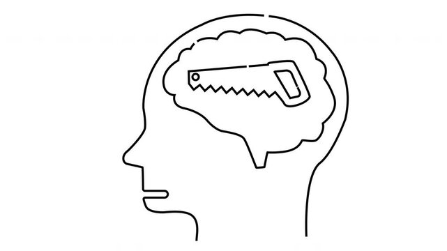 Profile of a head outline brain replaced by cloud shape and saw all in black lines on white