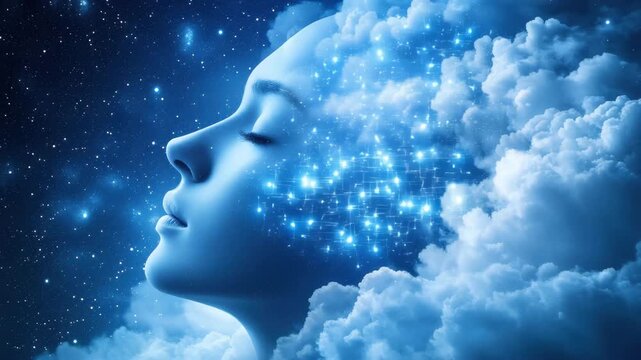 A woman&acirc;&euro;&trade;s profile is illuminated against a backdrop of glowing stars and soft clouds. This ethereal display evokes a sense of tranquility and wonder in the night sky.