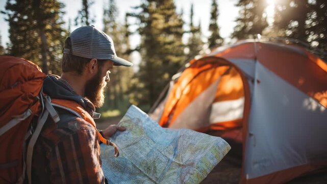 A male hiker examines a map beside his pitched tent in a pine forest, surrounded by sunlight and nature. The image captures the essence of exploration, navigation, and outdoor camping