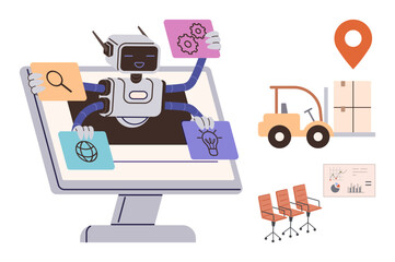 Robot extending multiple arms through a screen holding icons for innovation, logistics, research, and AI. Nearby forklift, chart, chairs, and location pin highlight supply chains and team