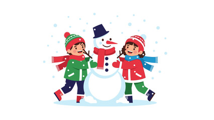 Two happy children in winter clothing playfully interacting with a snowman on a snowy day celebrating Happy New Year 2026 and Christmas Day.