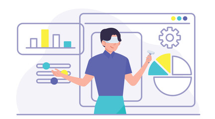 Modern Technology Workflow Illustration with Data Analytics and UI Elements