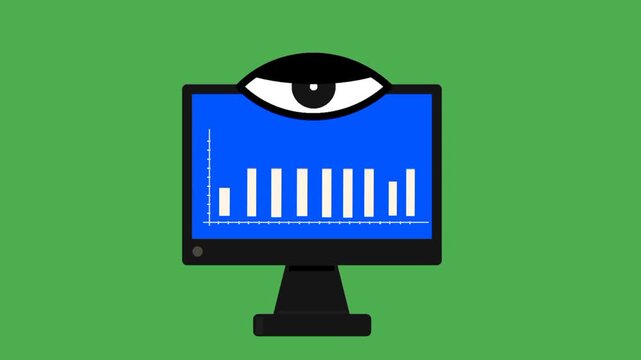 Monitoring concept animation with line and bar graph on computer screen and eye symbol observing data. Isolated green screen background for compositing and editing.