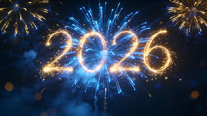 Fireworks display forming the year 2026 against a night sky with sparkling effects and golden bursts