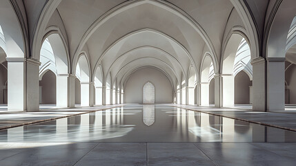 A vast luminous interior hall defined by soaring vaulted ceilings and rhythmic arches. Polished floors reflect the architecture, creating a sense of infinite depth and serene grandeur