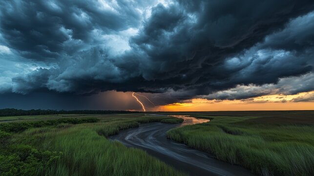 56.A dramatic landscape showcasing an ominous sky filled with dark, swirling storm clouds rolling over a winding river in the coastal wetlands of Georgia, with lightning faintly illuminating the