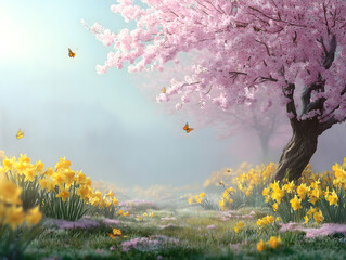  Spring garden landscape with blooming pink cherry blossoms and yellow daffodils on grassy field, butterflies fluttering, soft morning mist and light blue sky convey fresh seasonal vibe.