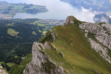 View of the Lake Lucerne from the Pilatus Mountain station in the canton of Lucerne, Switzerland