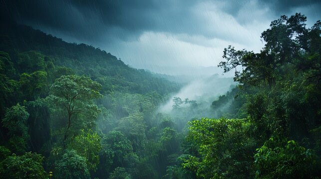 105.A high-resolution image of a torrential downpour in a lush rainforest, where heavy rain creates misty conditions, strong winds shake the dense foliage, and dark clouds loom overhead.