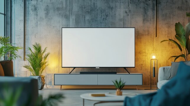 8.A large, ultra-thin smart TV with a blank white mock-up screen, elegantly placed on a modern, minimalist curbstone stand in a stylish empty living room with soft ambient lighting.