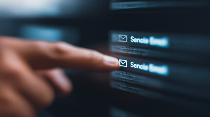 An intimate close-up perspective captures a person's finger selecting an email within a user interface, it reflects the modern daily life .