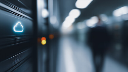 An illuminated cloud icon on a server rack signifies data storage within a data center. A blurred figure moves through a futuristic environment of technological infrastructure. 