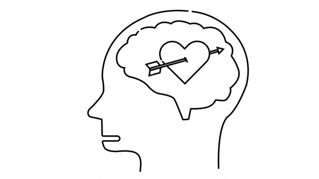 Outline of a human head with a brain containing a heart pierced by an arrow