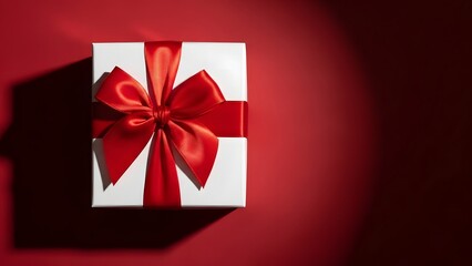 A beautifully wrapped white gift box with a vibrant red ribbon