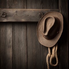 Western Heritage: A cowboy hat, paired with a coiled rope, hangs elegantly against a weathered wooden background, evoking the spirit of the frontier and the rugged charm of the old west.