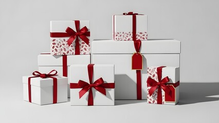 A stack of beautifully wrapped gifts with vibrant red ribbons and bows