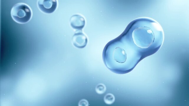 Stem cells dividing under the microscope. Cell division or cloning cells. Cloning closeup. Mitosis in process. 3D Animation, Brighting background. 4K.