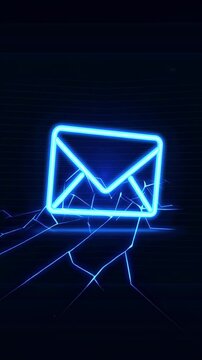 Neon glowing envelope icon on dark background. Email and digital communication animation representing messages, online contact and modern messaging systems