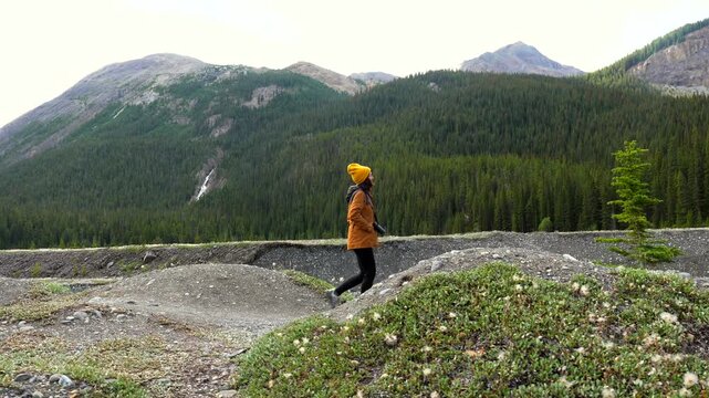 Young woman wearing a yellow beanie and a brown jacket walks along the ci fuentes path on the icefields parkway in the canadian rockies, enjoying the stunning mountain and forest views