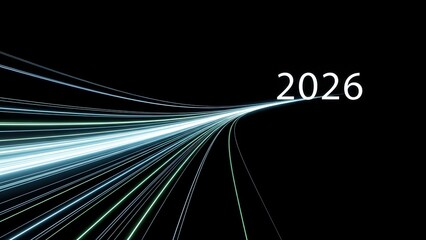 Abstract light streaks converge towards the year two thousand twenty six