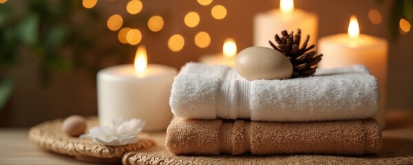 Soft lit spa scene with stacked towels and lit candles. Pine cone and soap sit atop clean white and brown cloths. Relaxing ambiance for wellness.