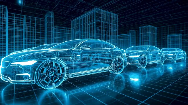 Transparent blue wireframe electric cars aligned inside a digital city grid environment