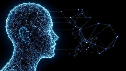 Digital human head constructed from glowing blue wireframe network connections