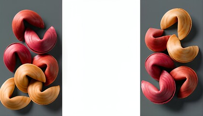 Assortment of colorful fortune cookies in red and golden hues arranged on a dark grey background with a central white space.