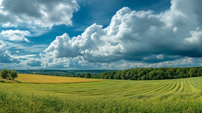 97.Panorama Blue Sky and Dark Clouds Over Summer Fields