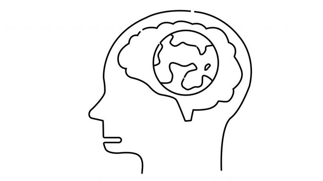 Outline of a head with a brain containing an Earth representation inside