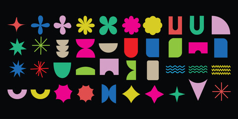 Vibrant collection of colorful diverse geometric and abstract shapes. Abstract minimal geometric elements shapes and grids set. spiral, flower, star, oval, circle symbol. vector illustration.