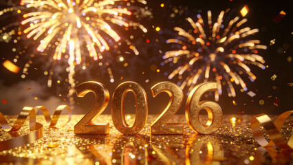 Golden 2026 numerals with fireworks and confetti celebrating a new year