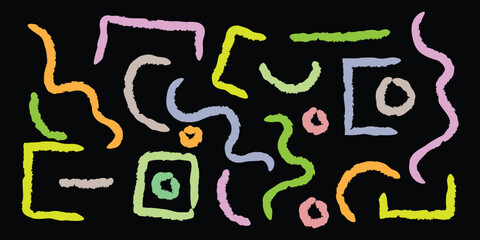 Hand drawn colorful organic shapes, doodles and textures on black background. Bold geometric brush strokes. Circles, dots, curved and straight lines, squares symbol. vector illustration.
