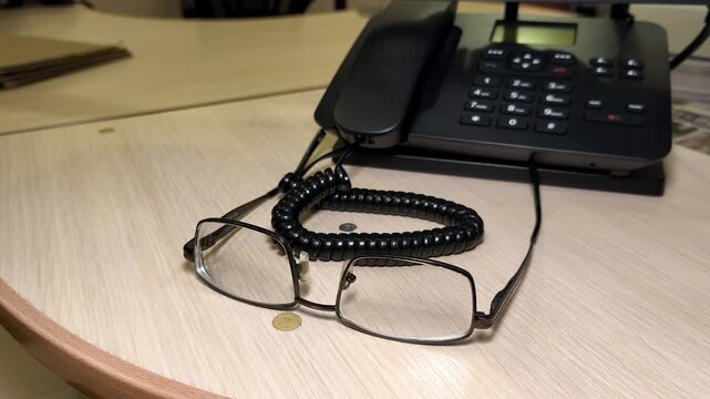 Close-up of Office Desk with Corded Phone, Eyeglasses, and a Coin