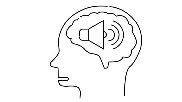 Outline drawing of head with speaker icon and sound waves inside brain symbolizing sound processing