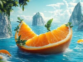 Surreal tropical seascape with a giant orange slice floating on azure water