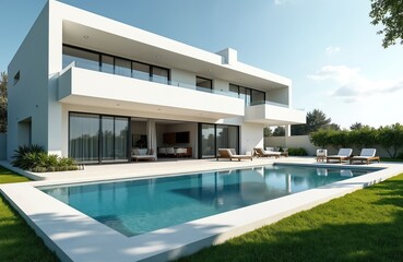 Modern white villa features a large swimming pool and lounge chairs. Spacious house with glass doors overlooks green garden and blue sky. Luxury estate offers peaceful relaxation.