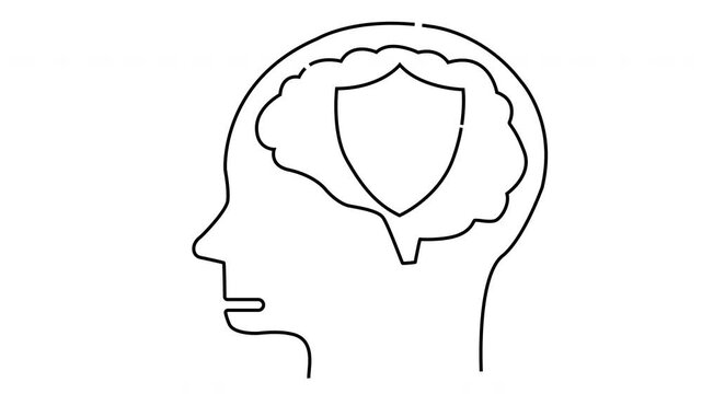 Line drawing shows a head in profile with a brain containing a shield