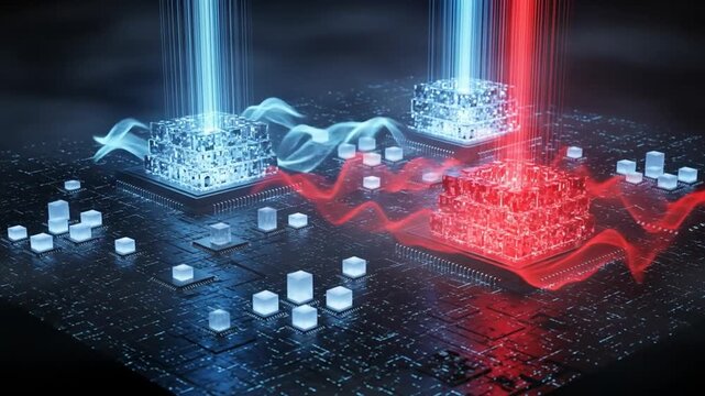 Glowing blue and red processors on a circuit board emit light beams and data streams