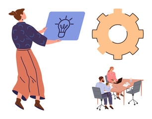 Woman holding board with lightbulb concept, team collaborating at table, large gear symbol. Ideal for teamwork, brainstorming, productivity, innovation, problem-solving strategy workflow. Simple