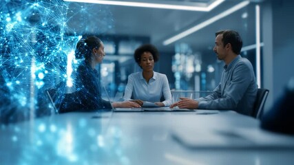A diverse team collaborates around a conference table, focusing on technology driven business growth. Futuristic digital elements highlight AI integration and advanced networking concepts - Powered by Adobe