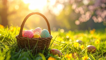 Colorful painted Easter eggs on green spring grass meadow