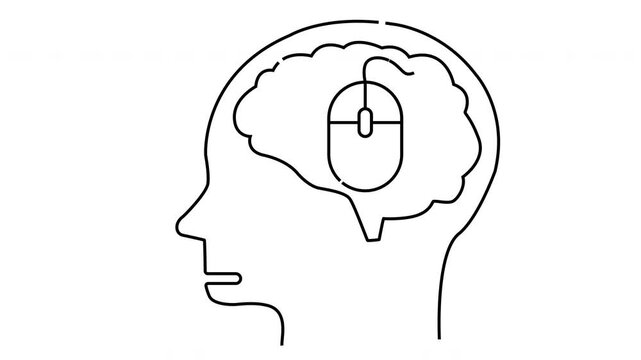 Line drawing of a head with a brain containing a computer mouse
