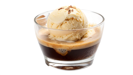 Delicious Italian affogato dessert featuring a scoop of vanilla ice cream melting into rich dark espresso served in a clear glass cup on transparent background