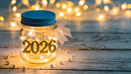 Glass jar with '2026' text and fairy lights, decorated with ribbon on wooden surface